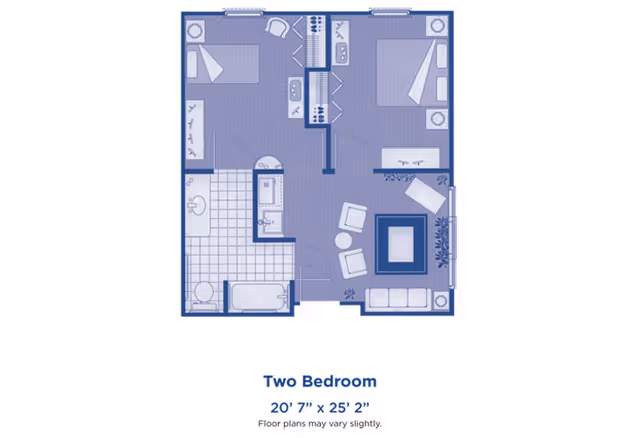 Architectural floor plan of a two-bedroom apartment featuring two separate bedrooms, a bathroom with a bathtub, a kitchen area, and a living room with seating and a fireplace.