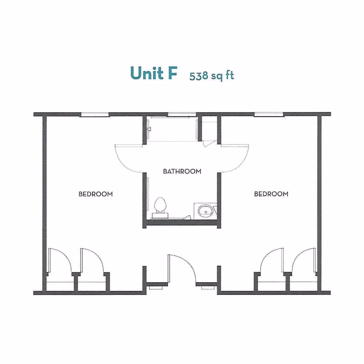 Floor plan of Unit F at Discovery Village Clear Lake showing a layout of 538 square feet with two bedrooms and one bathroom in the center.
