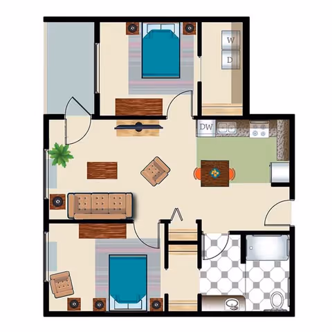 Floor plan of an apartment with two bedrooms, a living room with sofa and chairs, a kitchen with dining table, and a bathroom with bathtub and toilet.