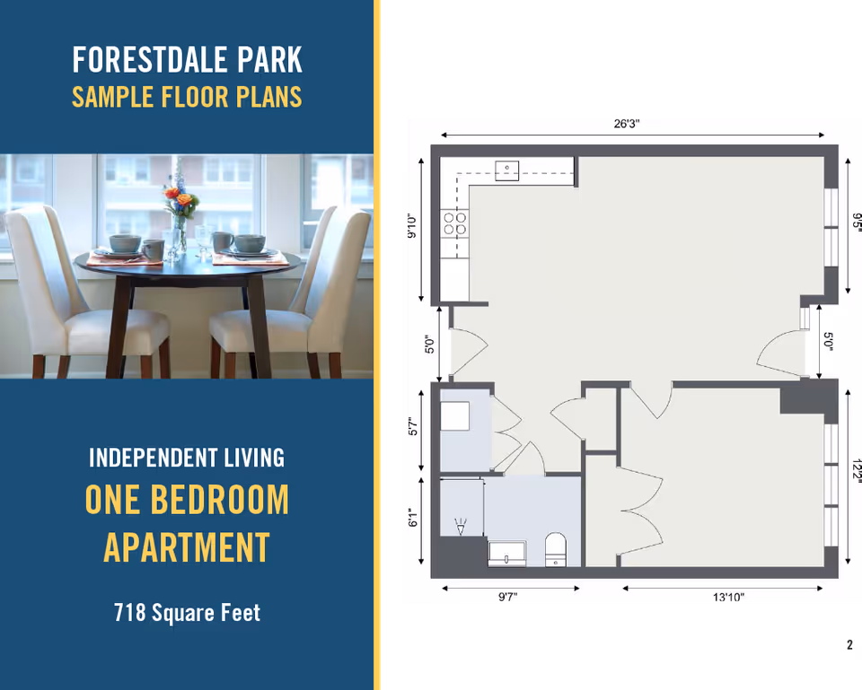 Brochure image for Forestdale Park showing a dining-table photo on the left and a one-bedroom 718 sq ft floor plan diagram on the right.