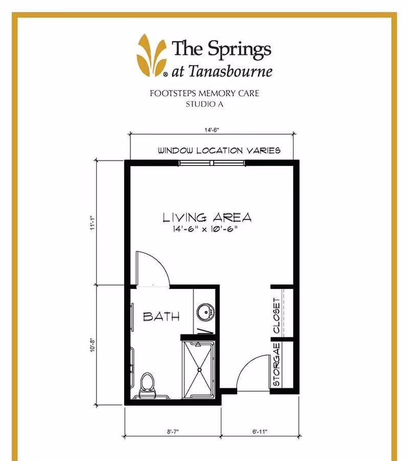 Floor plan of a studio apartment labeled 'Footsteps Memory Care Studio A' at The Springs at Tanasbourne. The layout includes a living area measuring 14 feet 6 inches by 10 feet 6 inches, a bathroom with a toilet, sink, and shower, and a storage closet. The window location varies along one wall of the living area.