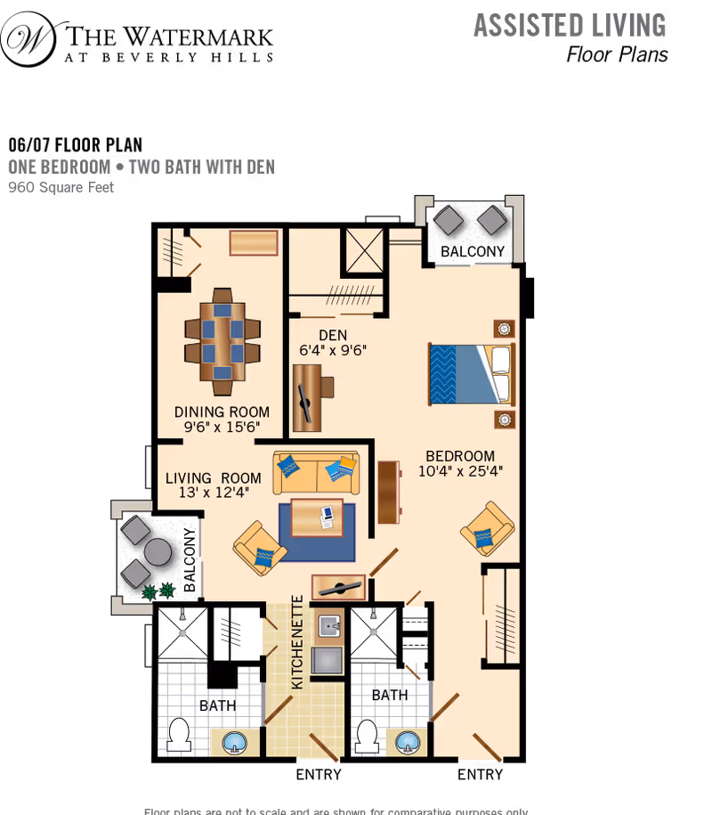 Illustrated floor plan of a one-bedroom, two-bath assisted living apartment with a den, living room, dining area, kitchenette, and balcony.