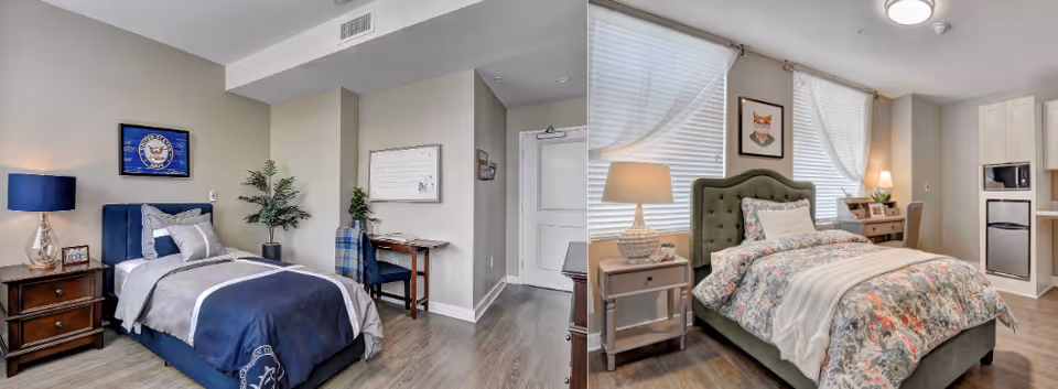 Two side-by-side images of bedrooms in a senior living facility. The left image shows a single bed with blue and gray bedding, a nightstand with a lamp, a framed picture on the wall, a small desk with a chair, and a potted plant. The right image shows a larger bed with floral bedding, two nightstands each with a lamp, a framed picture of a fox on the wall, and a small kitchenette area with a microwave and mini fridge.