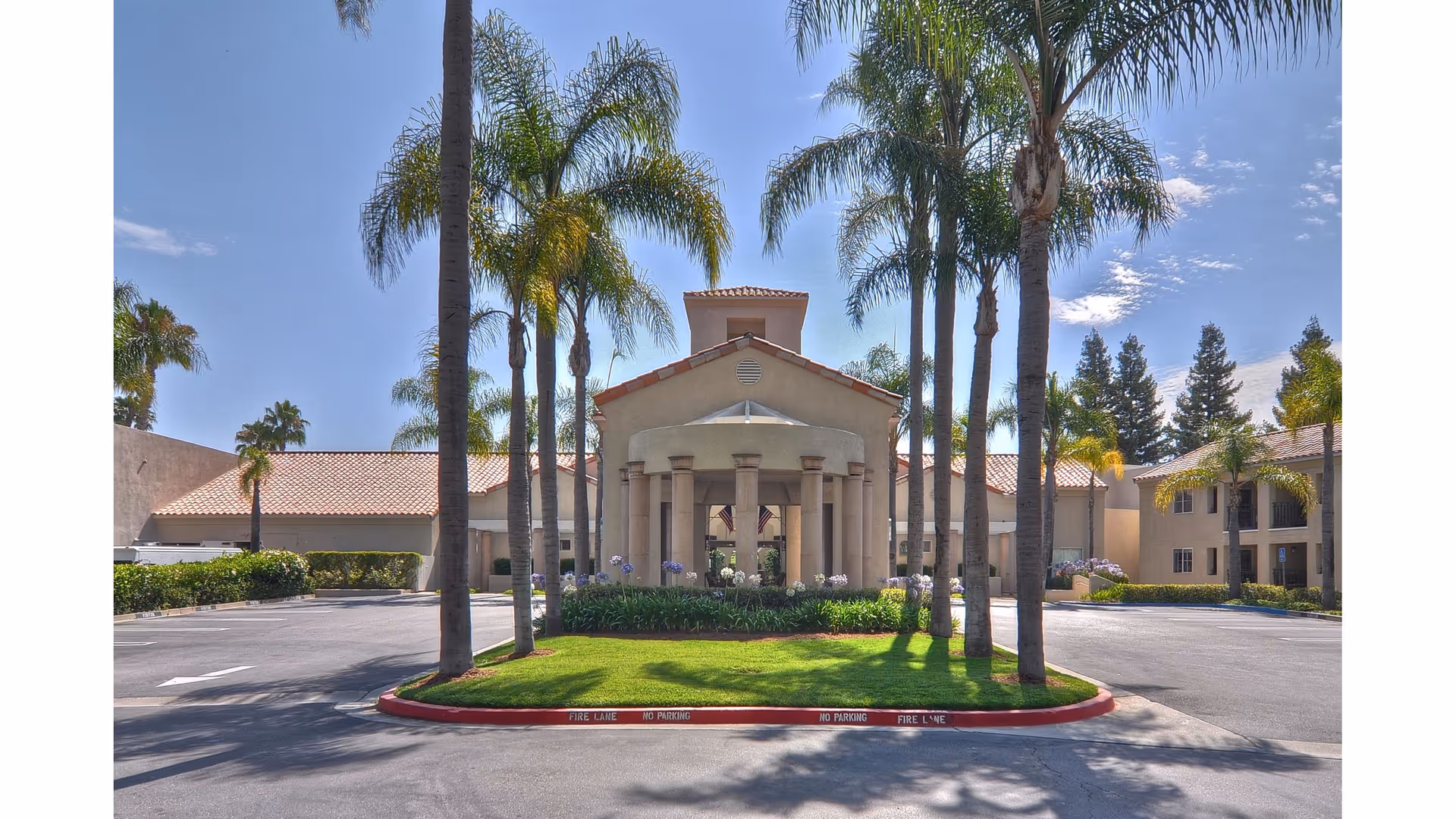 Front exterior view of The Ivy at Wellington senior living facility with a driveway, palm trees, and a clear blue sky.