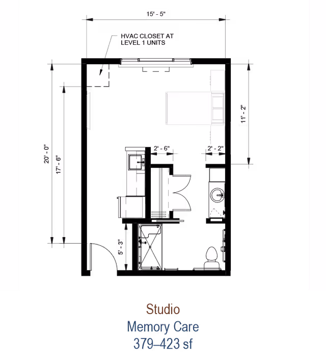 Black-background studio memory care floor plan showing a bed, kitchenette, bathroom with toilet and sink, furniture symbols and dimensional annotations labeled 'Studio Memory Care 379–423 sf'.