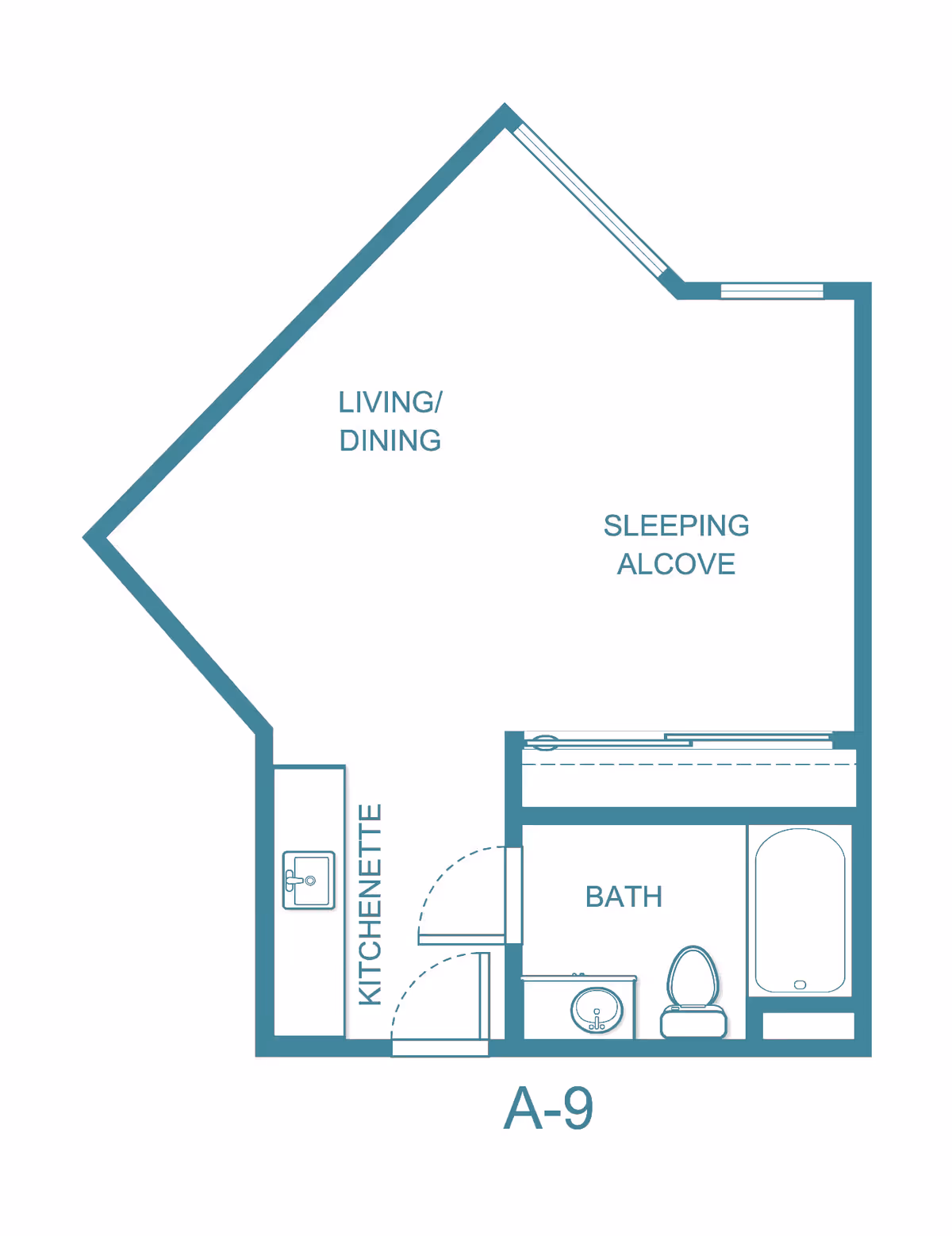 Floor plan layout of a studio apartment labeled A-9 at Asher Point Independent Living of Amarillo, showing areas designated as kitchenette, living/dining, sleeping alcove, and bath with fixtures including a sink, toilet, and bathtub.