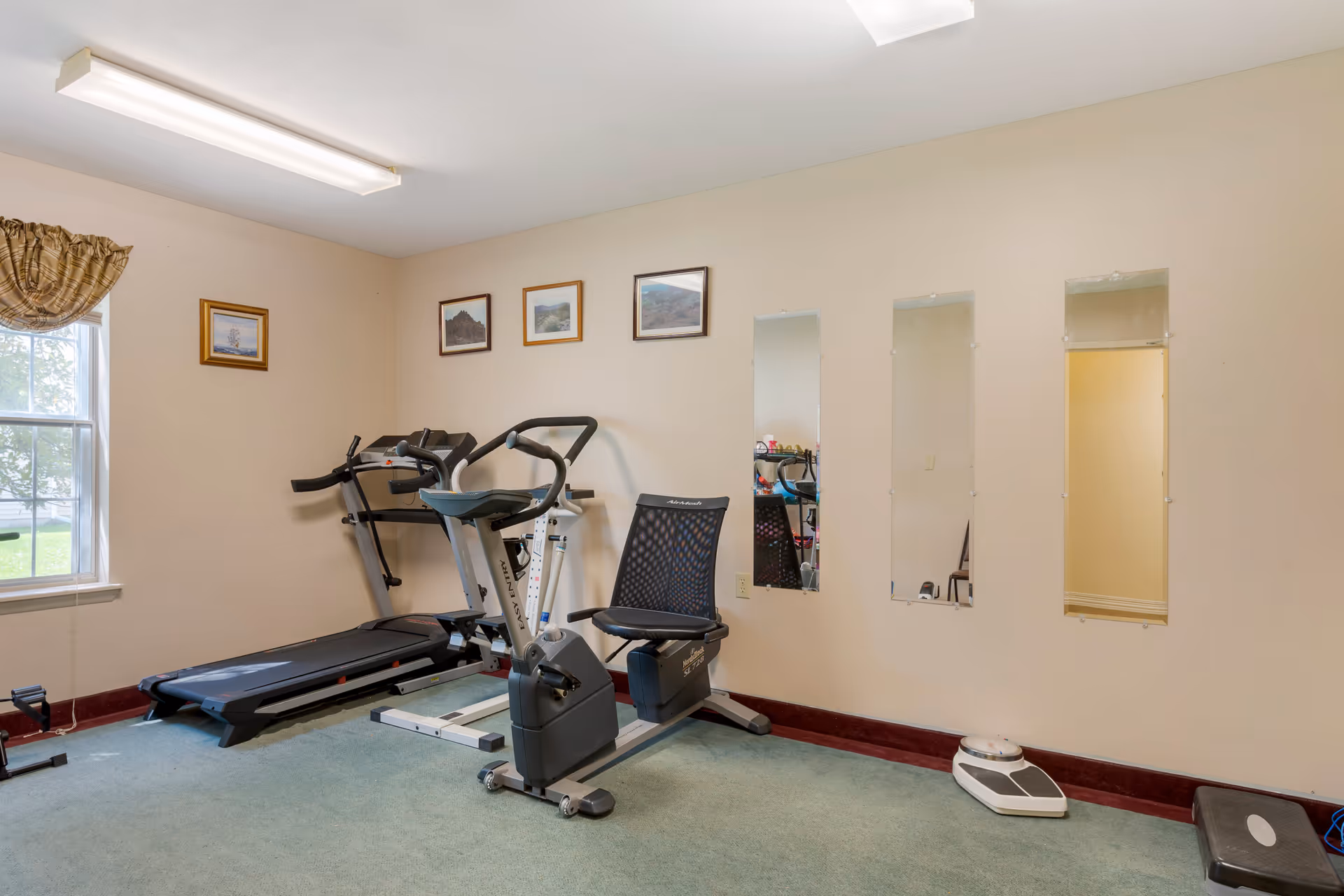 A small exercise room with a treadmill, a stationary recumbent bike, three vertical mirrors on the wall, a window with a valance, framed pictures on the wall, a scale on the floor, and light green carpet.