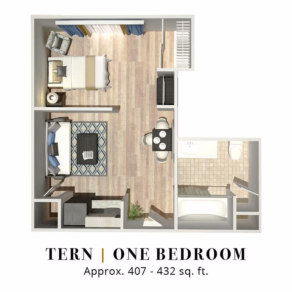 Top-down floor plan of a one-bedroom apartment named Tern, approximately 407 to 432 square feet, showing a bedroom with a bed and chair, a living area with a sofa and coffee table, a dining area with a table and chairs, a kitchen, and a bathroom with a bathtub, sink, and toilet.