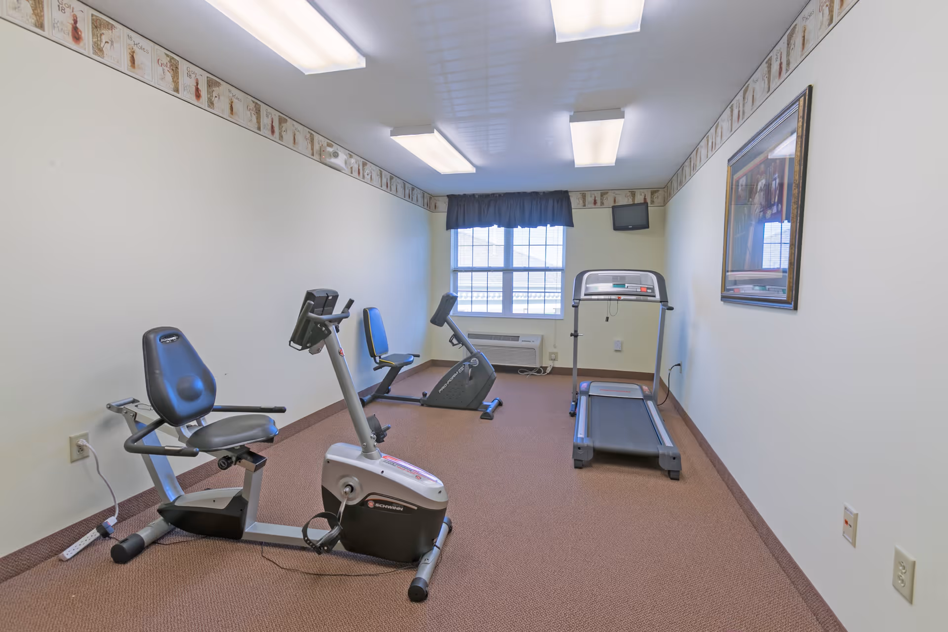 Small exercise room with two stationary bikes and a treadmill. The room has beige walls with a decorative border near the ceiling, a window with a dark valance, a wall-mounted TV, and a framed picture on the wall. The floor is carpeted in brown.