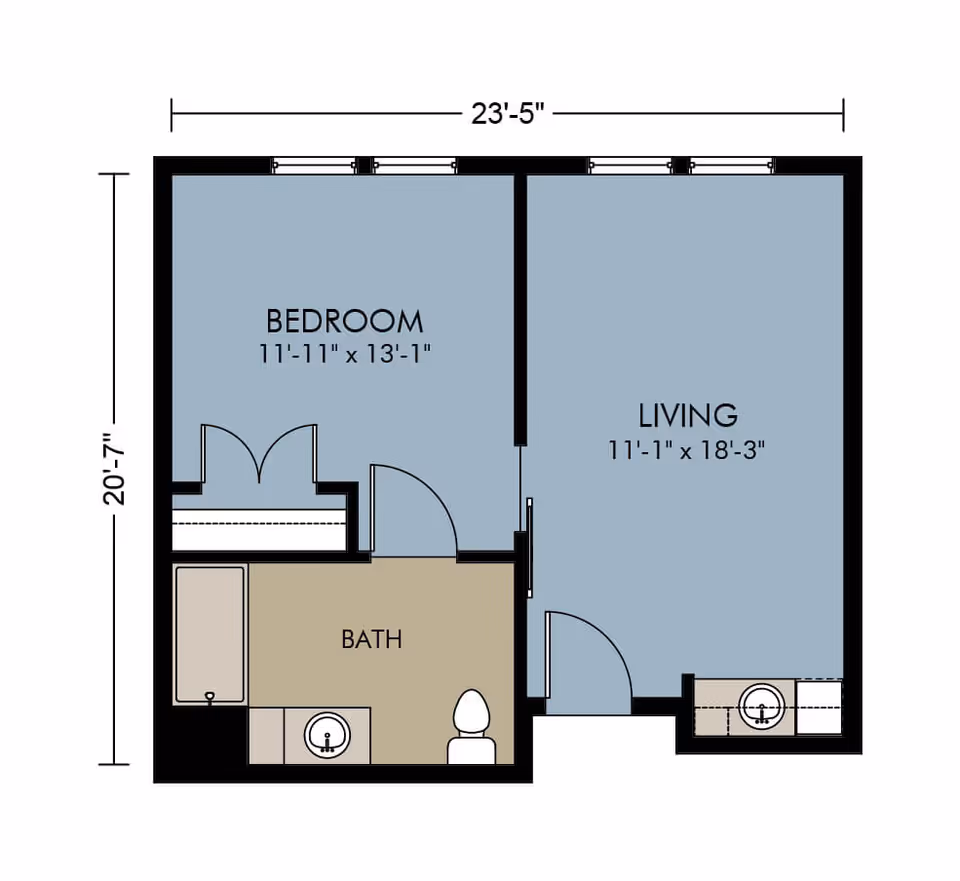 Floor plan of a one-bedroom apartment showing labeled bedroom, living room, and bath with dimensions and door/window placements.