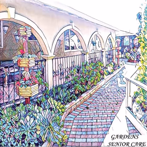 Arched exterior corridor with a brick walkway, railing and abundant potted plants at a senior care facility.