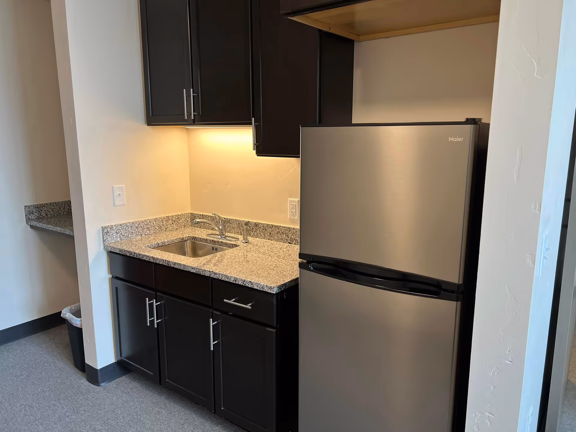 Small kitchen area with dark wood cabinets, a granite countertop with a built-in sink, and a stainless steel Haier refrigerator. The countertop has an under-cabinet light illuminating the sink area. There is a small trash bin partially visible to the left.