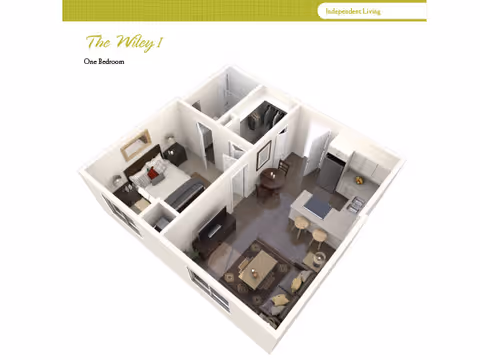 3D floor plan of a one-bedroom apartment named The Wiley I, showing a bedroom with a bed and nightstands, a bathroom, a living room with a sofa and TV, a dining area with a small round table and chairs, and a kitchen with appliances and a breakfast bar with stools.