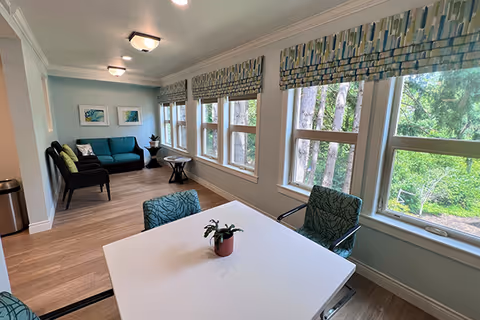 A bright and airy room with large windows showing a green outdoor view. The room features a white table with a small potted plant and several patterned chairs around it. In the background, there is a seating area with a teal sofa, two dark chairs, a small round table, and framed artwork on the wall. The floor is wood, and the windows have patterned valances.