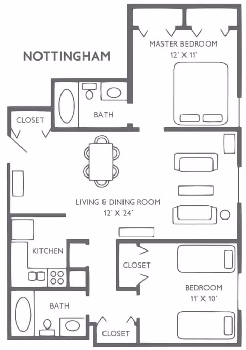 Floor plan of the Nottingham apartment at Glass Peaks Senior Living showing a master bedroom, a second bedroom, two bathrooms, a kitchen, a living and dining room area, and multiple closets.