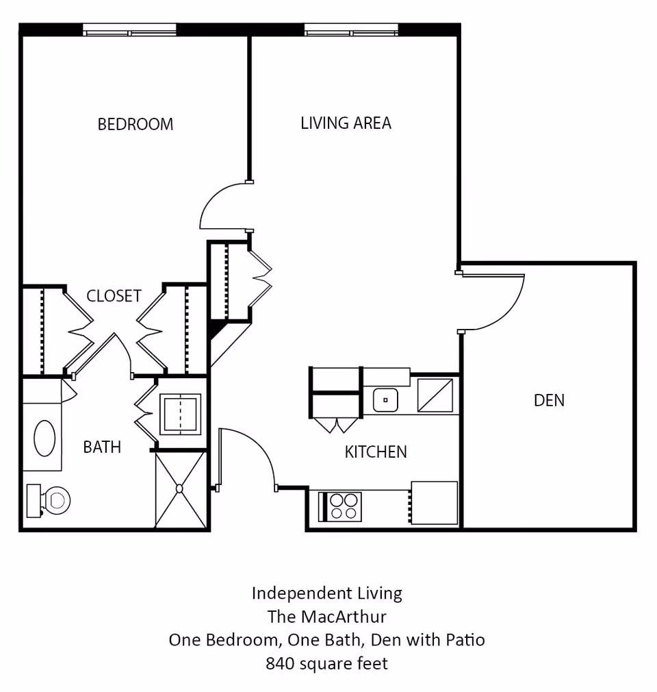 Floor plan of an independent living unit named The MacArthur at The Remington at Valley Ranch, featuring one bedroom, one bathroom, a den with patio, a kitchen, a living area, and closets, covering 840 square feet.