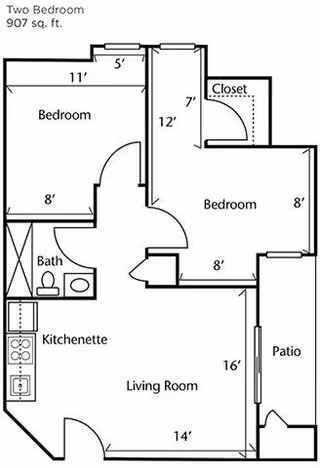 Floor plan of a two-bedroom apartment with a total area of 907 square feet. The layout includes two bedrooms, a bathroom, a kitchenette, a living room, and a patio. Dimensions of each room are marked, with the living room measuring 14 feet by 16 feet, and the patio adjacent to the living room. One bedroom has a closet, and the bathroom is located near the kitchenette.