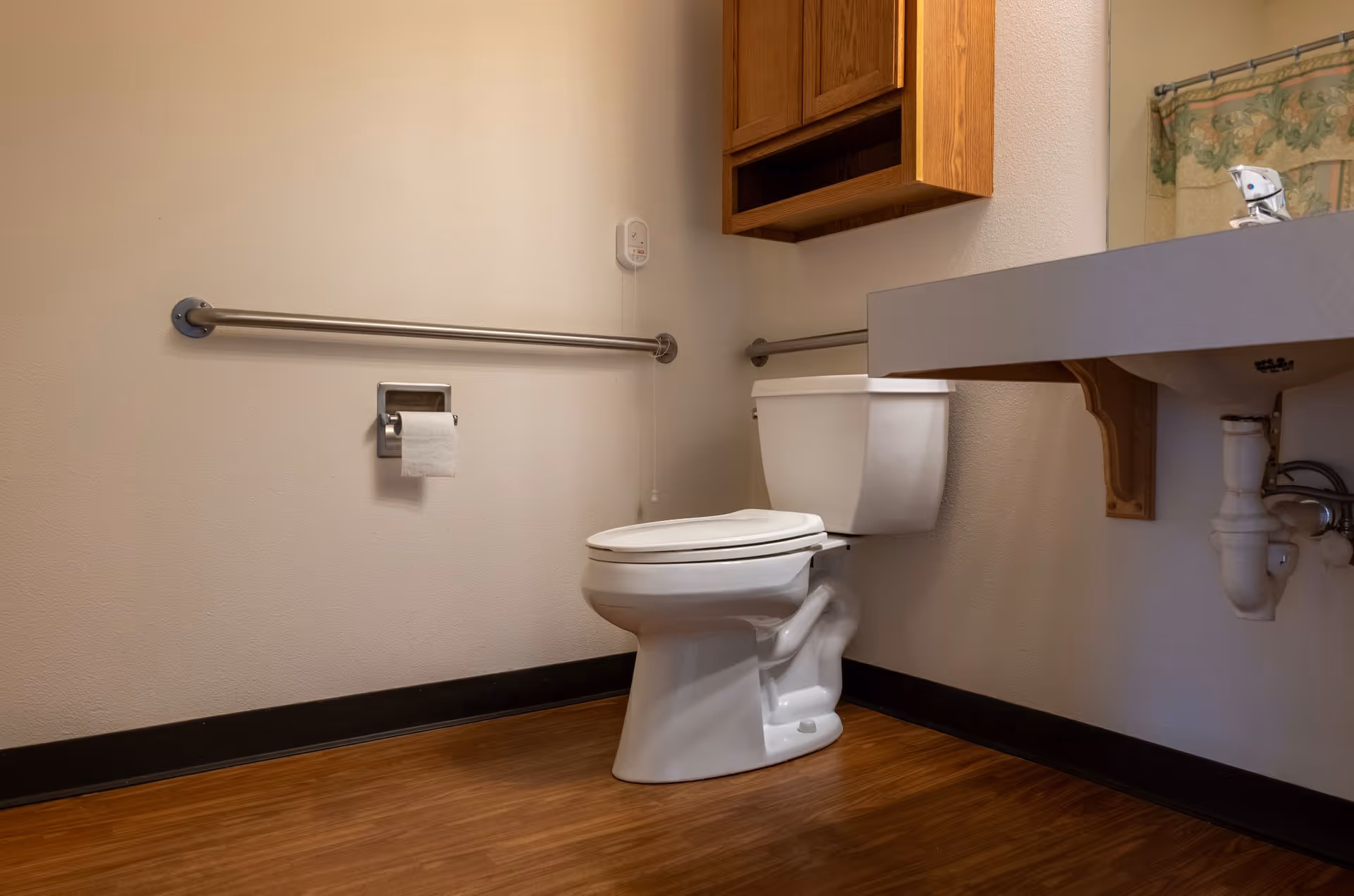 Accessible bathroom showing a toilet with horizontal grab bars, a sink with exposed plumbing, and a wooden wall cabinet.