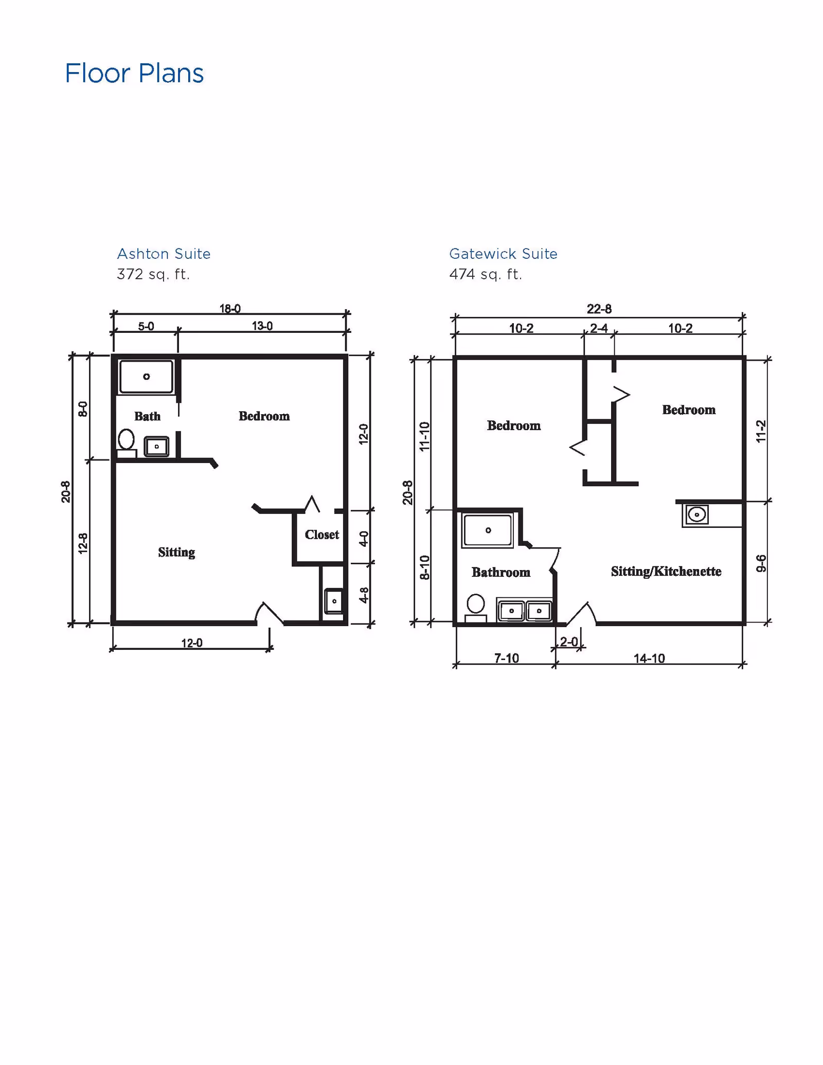 Floor plans for two suites at Navion of Shelby: Ashton Suite with 372 sq. ft. featuring a bedroom, bath, sitting area, and closet; Gatewick Suite with 474 sq. ft. featuring two bedrooms, a bathroom, and a sitting/kitchenette area. Dimensions are marked for each room.