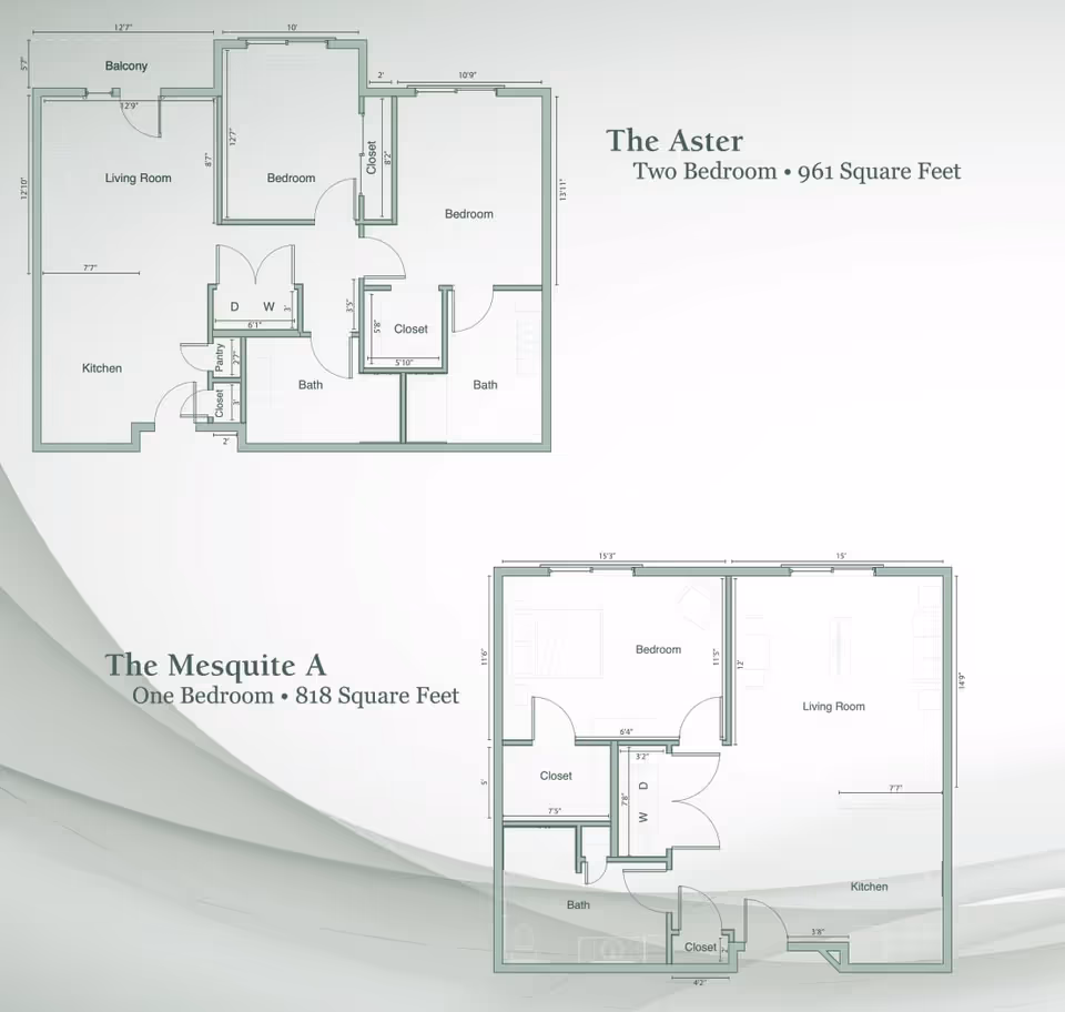 Floor plans for two apartment layouts at Legacy Village of Salt River. The Aster is a two-bedroom, 961 square feet unit with a balcony, living room, kitchen, two bathrooms, and closets. The Mesquite A is a one-bedroom, 818 square feet unit with a living room, kitchen, bathroom, and closets.