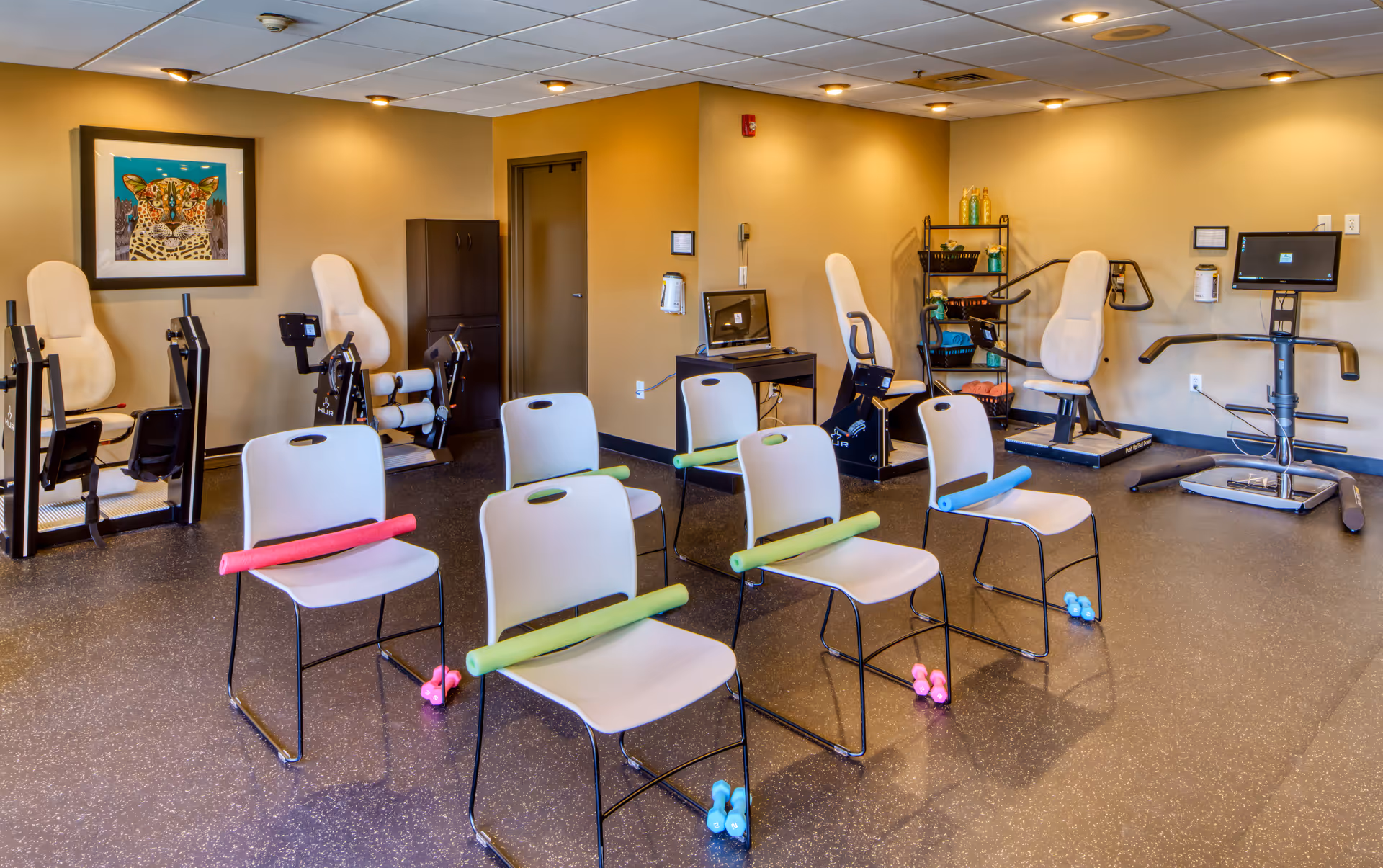 A fitness room with six white chairs arranged in two rows, each chair holding a colorful foam roller and a pair of small dumbbells on the floor in front. The room also contains various exercise machines along the walls, a computer on a small desk, and a framed picture of a leopard on the wall.