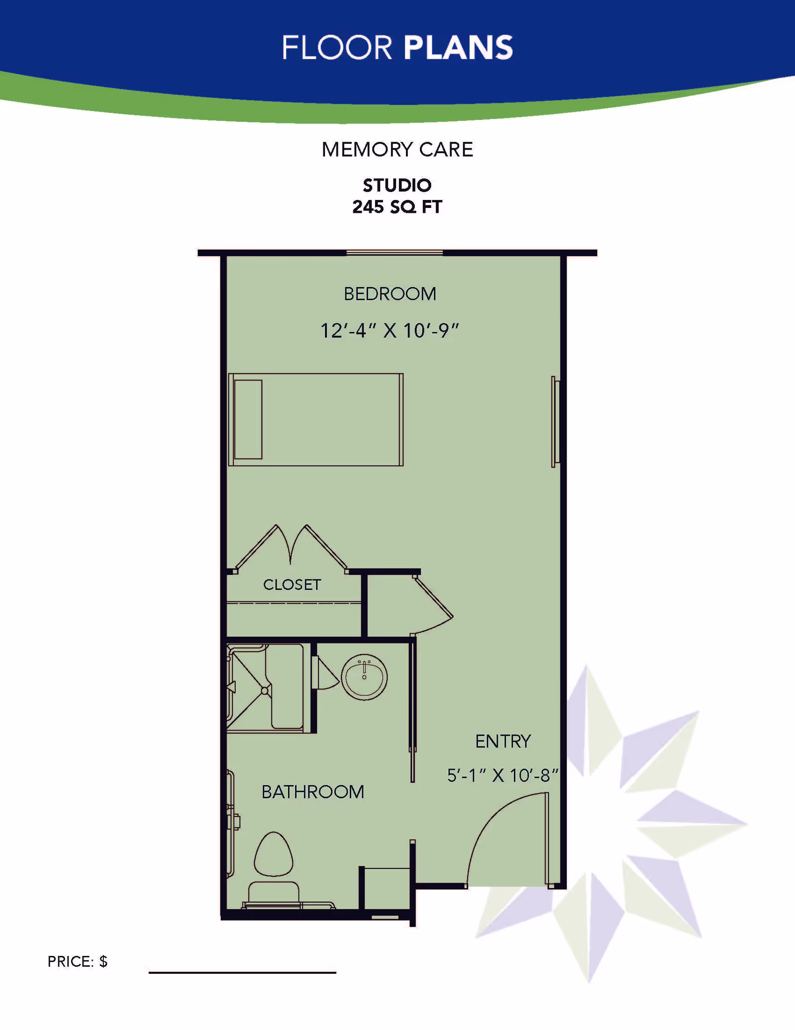 Floor plan diagram of a memory care studio (245 sq ft) showing a bedroom, closet, bathroom and entry.