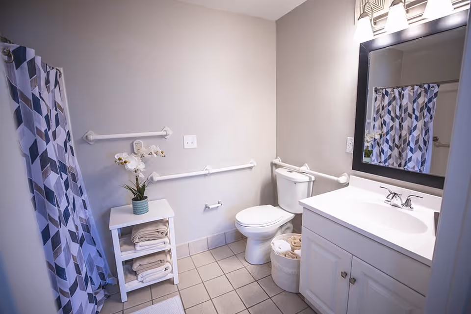 Bright accessible bathroom with a vanity sink, toilet, grab bars, shower with patterned curtain, and a small towel shelf.