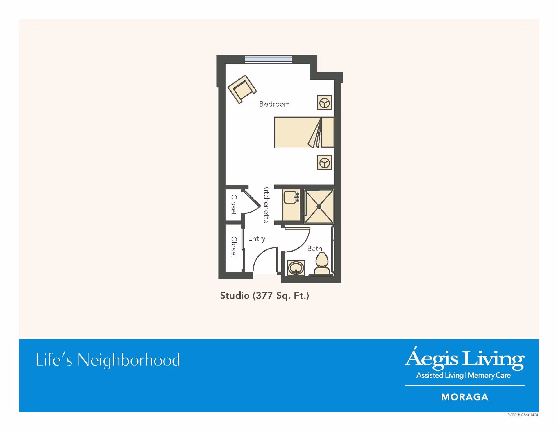 Labeled floor plan of a 377 sq. ft. studio showing entry, kitchenette, bath, closets and bedroom with Aegis Living Moraga branding.