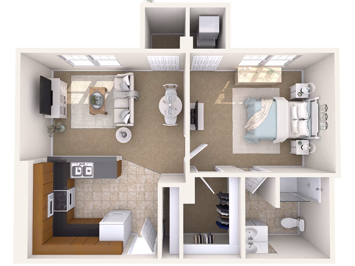 Top-down view of a one-bedroom apartment floor plan featuring a living room with a sofa, coffee table, TV, and dining table; a kitchen with appliances and cabinetry; a bedroom with a bed, nightstands, dresser, and TV; a bathroom with a shower, toilet, and double sink; and a walk-in closet.