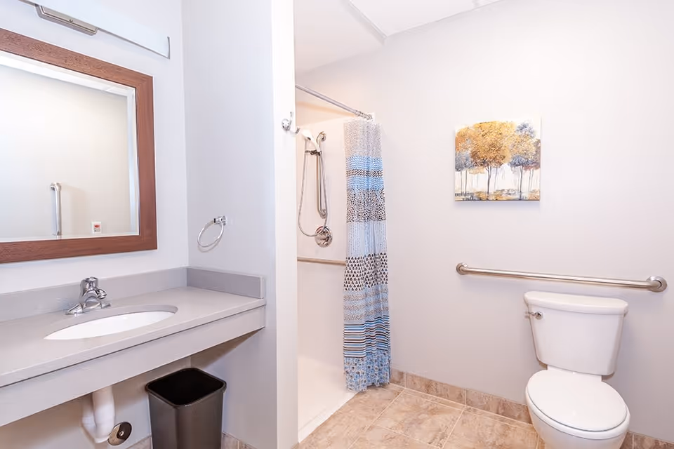 A clean and bright bathroom featuring a sink with a large mirror above it, a trash bin underneath, a toilet with a grab bar on the wall beside it, and a shower area with a patterned shower curtain and a handheld showerhead. A painting of trees hangs on the wall above the grab bar.