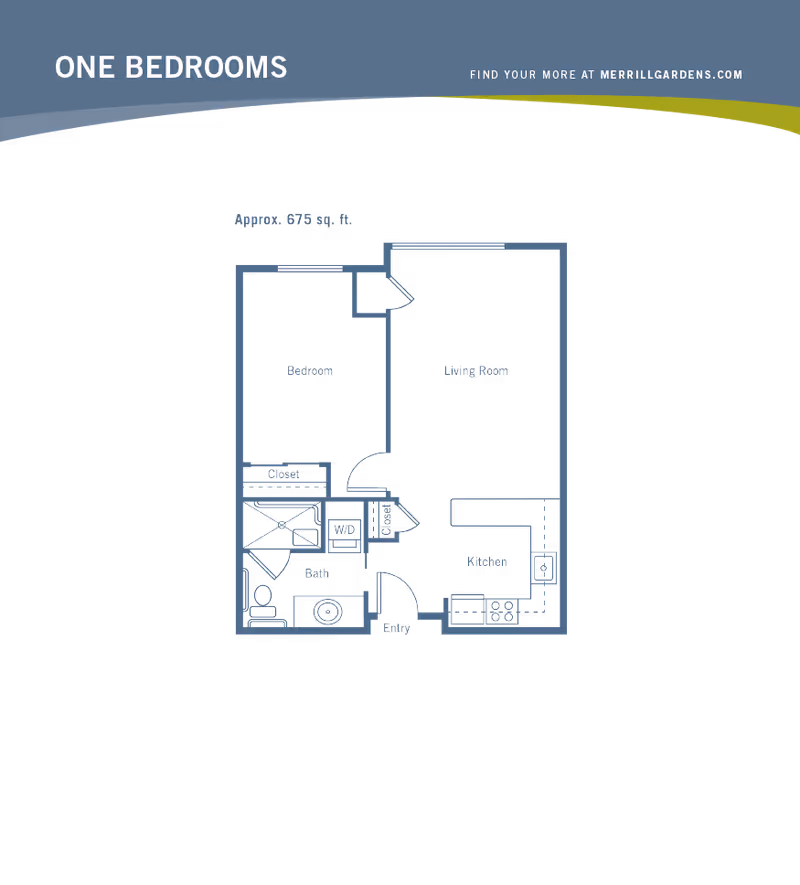 Floor plan layout of a one-bedroom apartment approximately 675 square feet, showing a bedroom, living room, kitchen, bathroom, closet, washer/dryer area, and entry.
