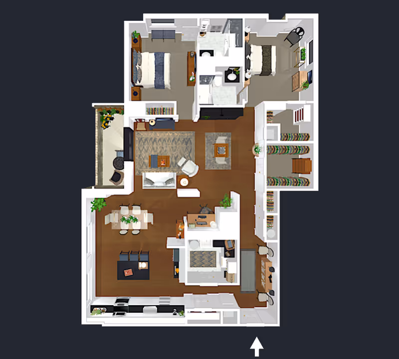 3D floor plan of a senior living apartment at Residences at Vantage Point in Columbia showing two bedrooms, two bathrooms, a living room with seating and a TV, a dining area with a table and six chairs, a kitchen with appliances and an island, a small office area, closets, and a balcony with outdoor seating.