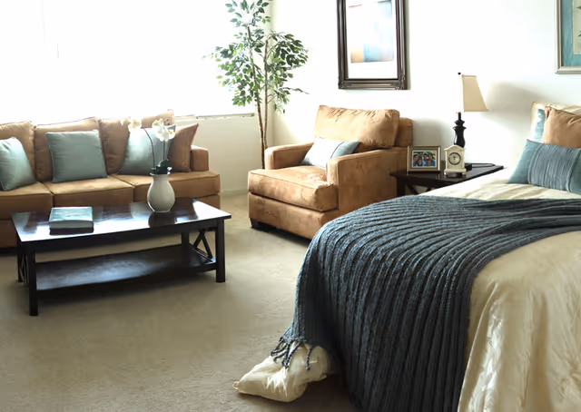 A cozy living space featuring a beige sofa with blue and beige cushions, a matching armchair, a dark wooden coffee table with a vase and book, a bed with a cream-colored bedspread and a blue knitted throw blanket, a side table with a lamp, clock, and framed photo, and a tall potted plant near a window.