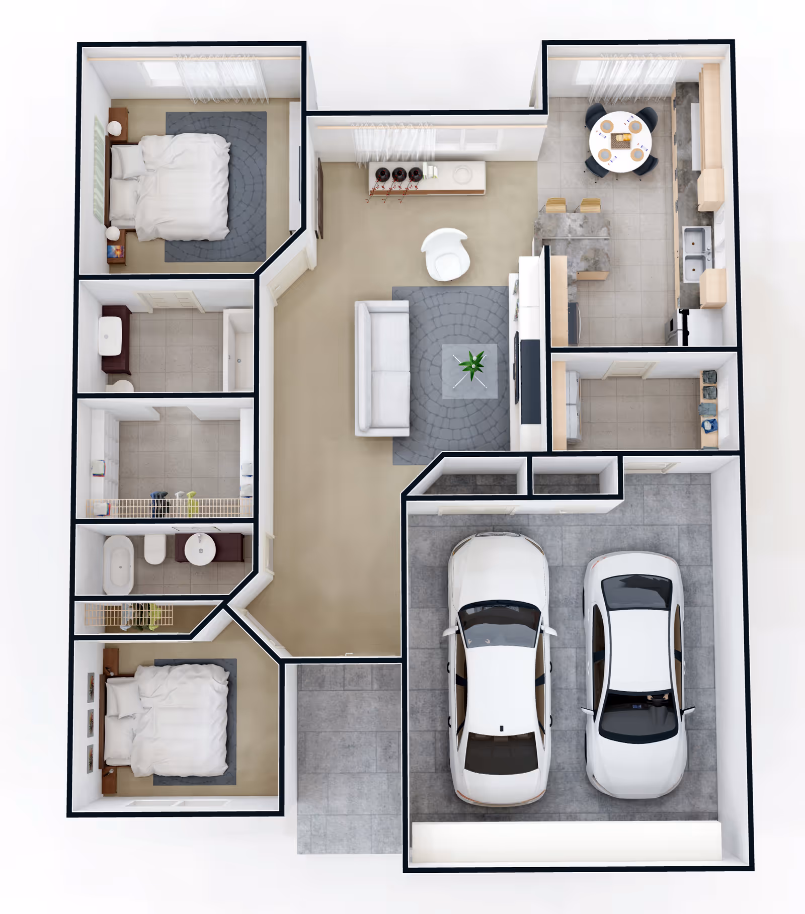 Top-down 3D floor plan of a single-story two-bedroom residence showing a living room, kitchen and dining area, bathrooms, and a two-car garage.