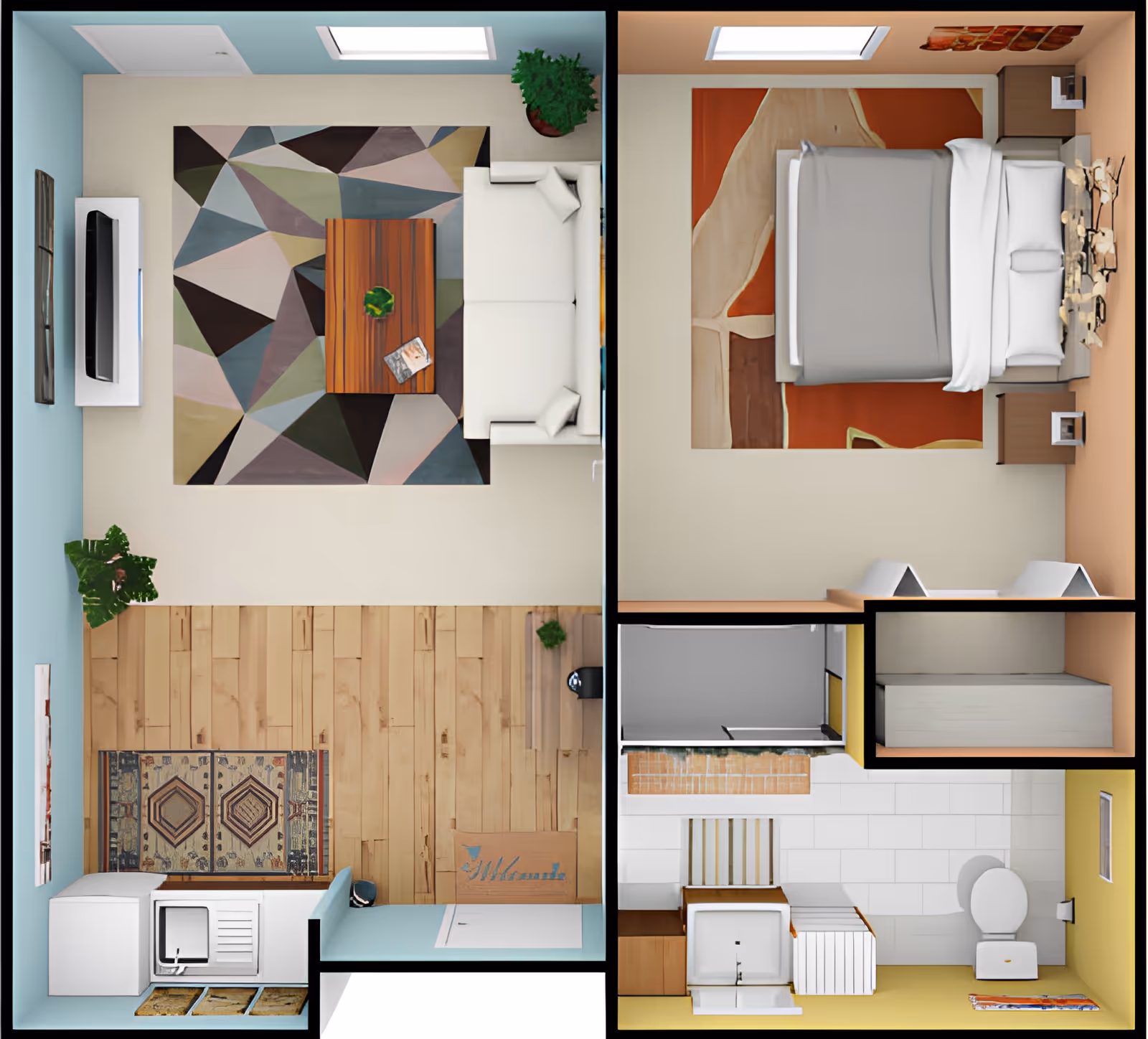 Top-down view of a senior living facility unit showing a living room with a white couch, wooden coffee table, colorful geometric rug, TV on the wall, and plants. Adjacent is a bedroom with a bed, nightstands, and a decorative rug. There is also a bathroom with a toilet, sink, and shower, and a small kitchen area with a sink and appliances.