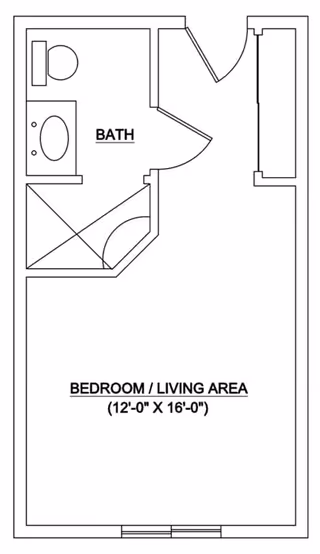 Architectural floor plan showing a combined bedroom and living area measuring 12 feet by 16 feet, with an attached bathroom that includes a toilet, sink, and shower.