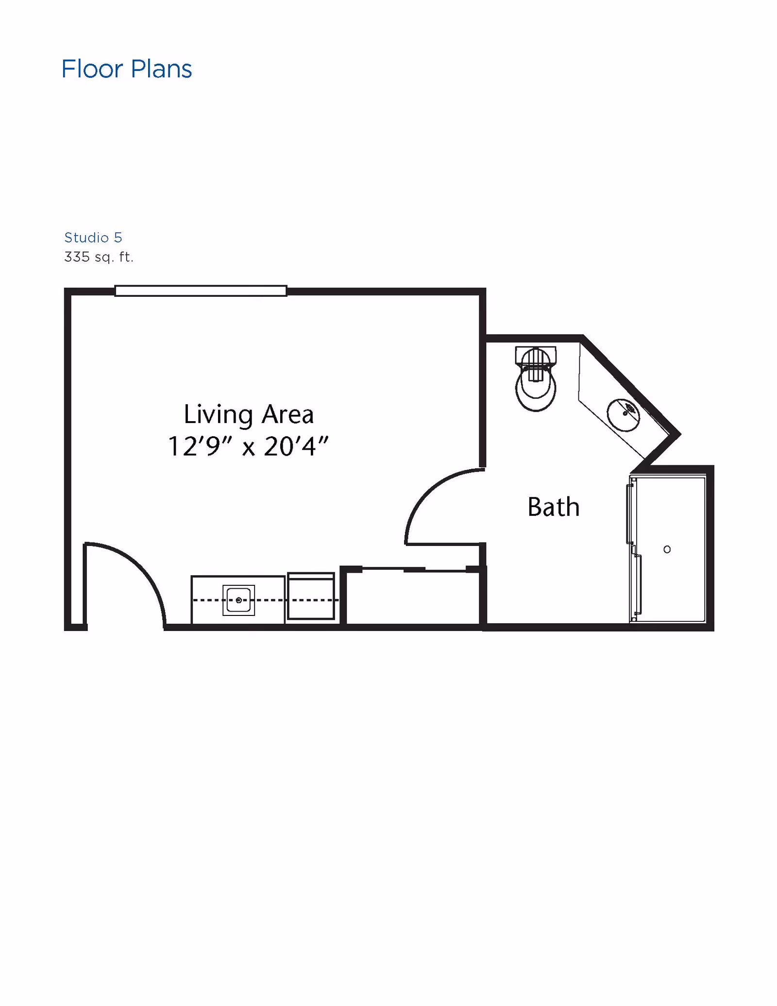 Floor plan of a studio apartment labeled Studio 5 with a total area of 335 square feet. The layout includes a living area measuring 12 feet 9 inches by 20 feet 4 inches, and a bathroom with a toilet, sink, and shower.