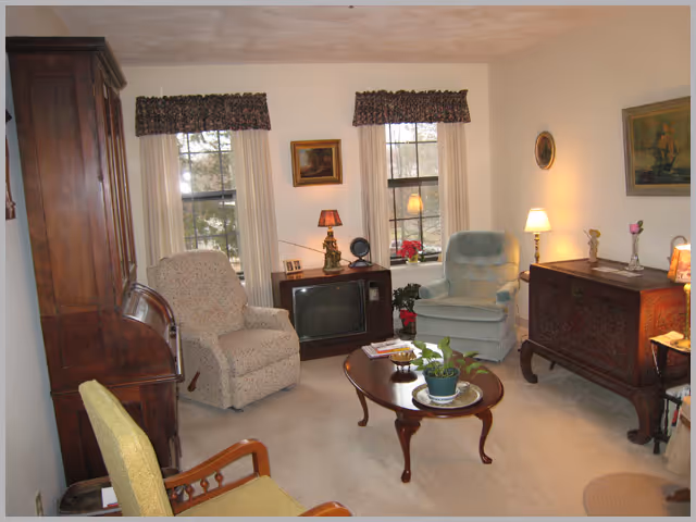 A cozy living room with two armchairs, a wooden coffee table with a potted plant, a vintage television set, a wooden cabinet, and various lamps and framed artwork on the walls. Two windows with curtains allow natural light into the room.