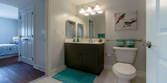 A clean bathroom with a white toilet, a dark wood vanity with a white countertop and sink, a large mirror above the sink with three light fixtures, teal towels hanging on a towel rack, a teal bath mat on the floor, and a painting of two birds on the wall. The bathroom door is open, showing a glimpse of a bedroom with a bed and nightstand.