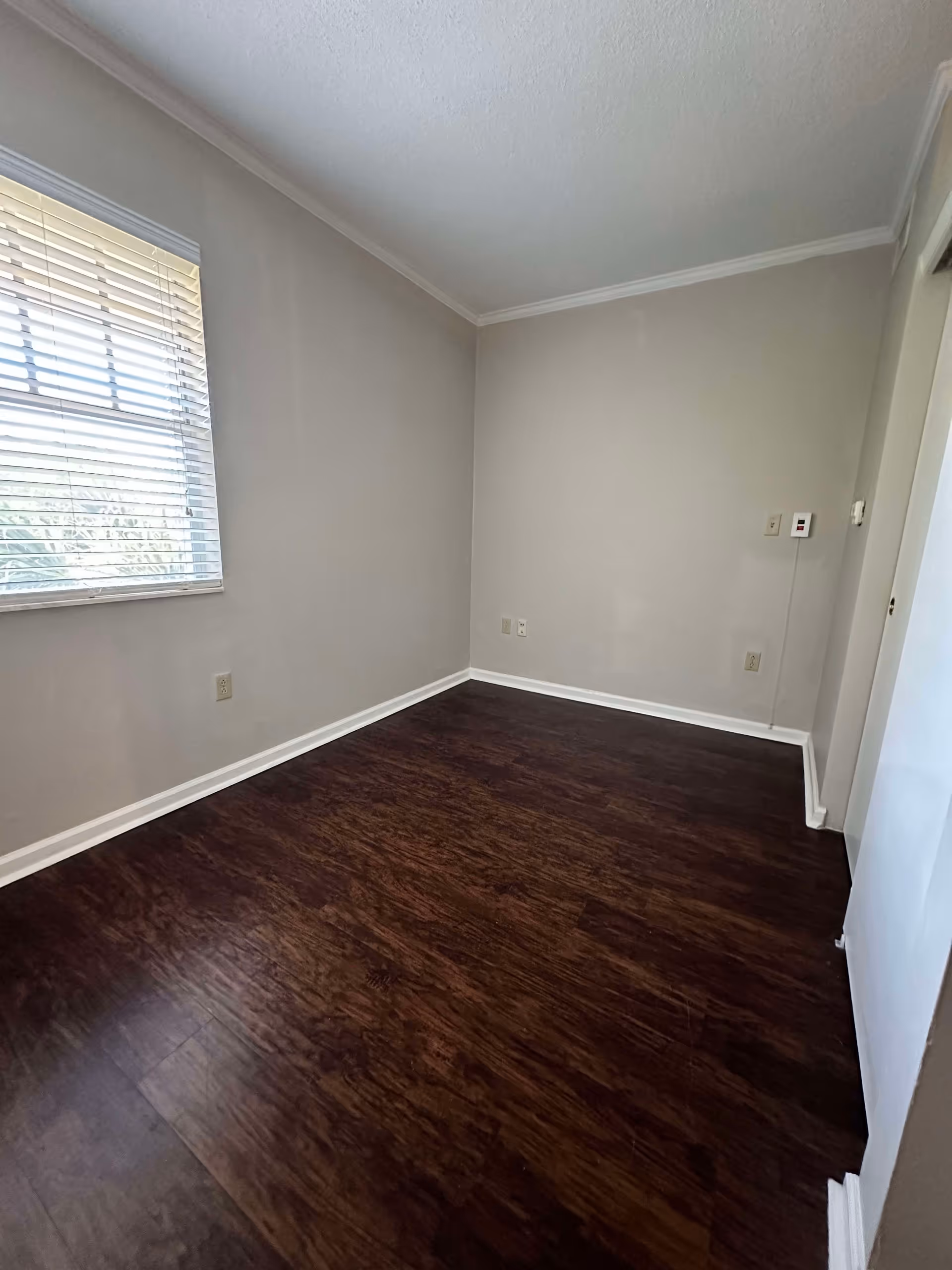 Empty room with dark wood flooring, light gray walls, a window with white blinds on the left wall, and electrical outlets on the walls.