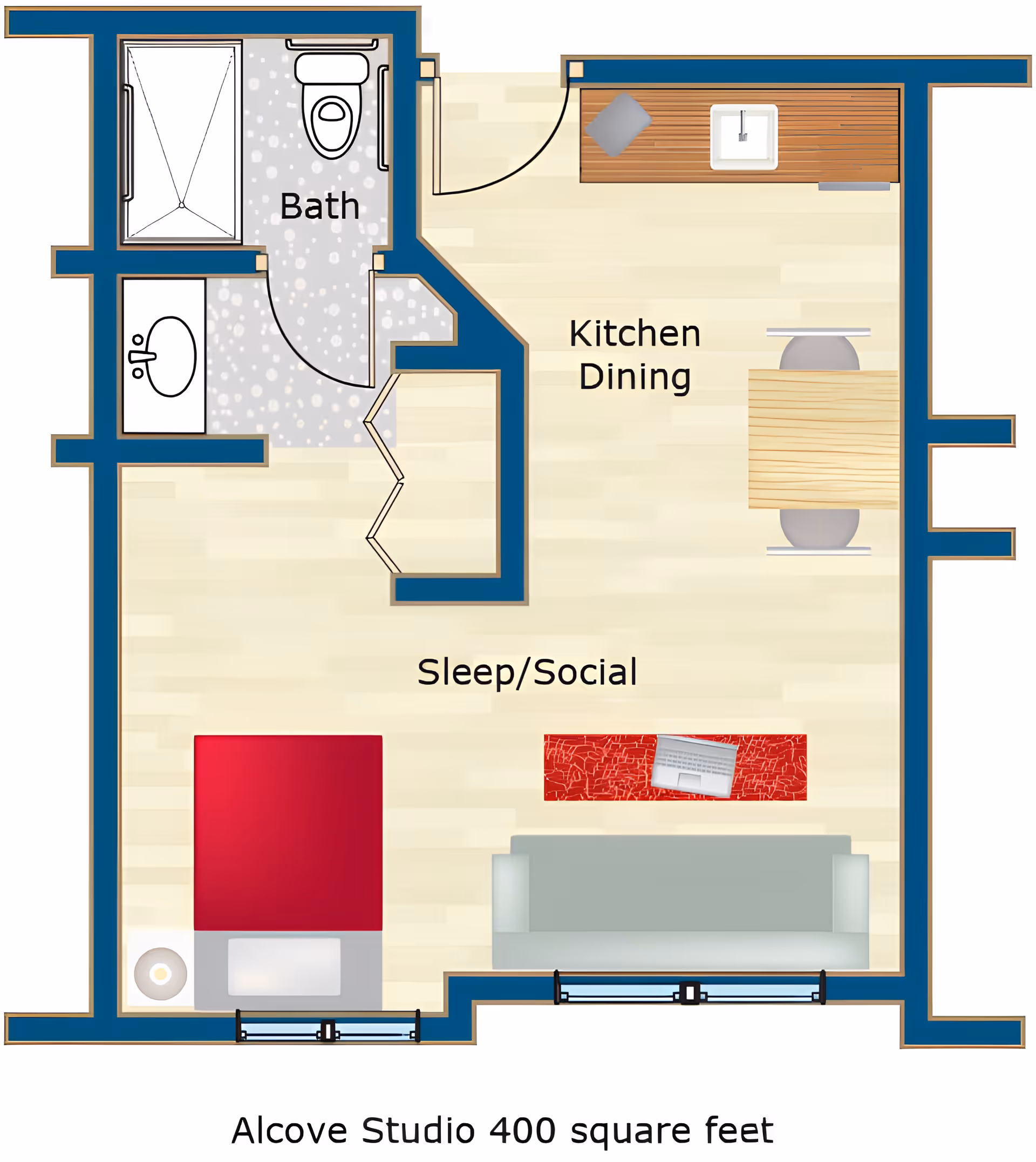 Top-down floor plan illustration of a 400 sq ft alcove studio with a kitchen/dining area, sleep/social space, and a bathroom.