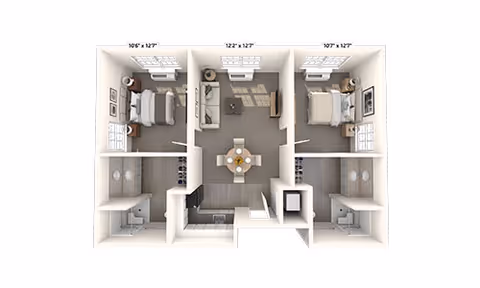 3D floor plan of an apartment with two bedrooms, two bathrooms, a central living room with a dining table, and a kitchen area. Each bedroom has a bed and nightstands, and each bathroom has a sink and toilet. The living room has a sofa, coffee table, and TV.