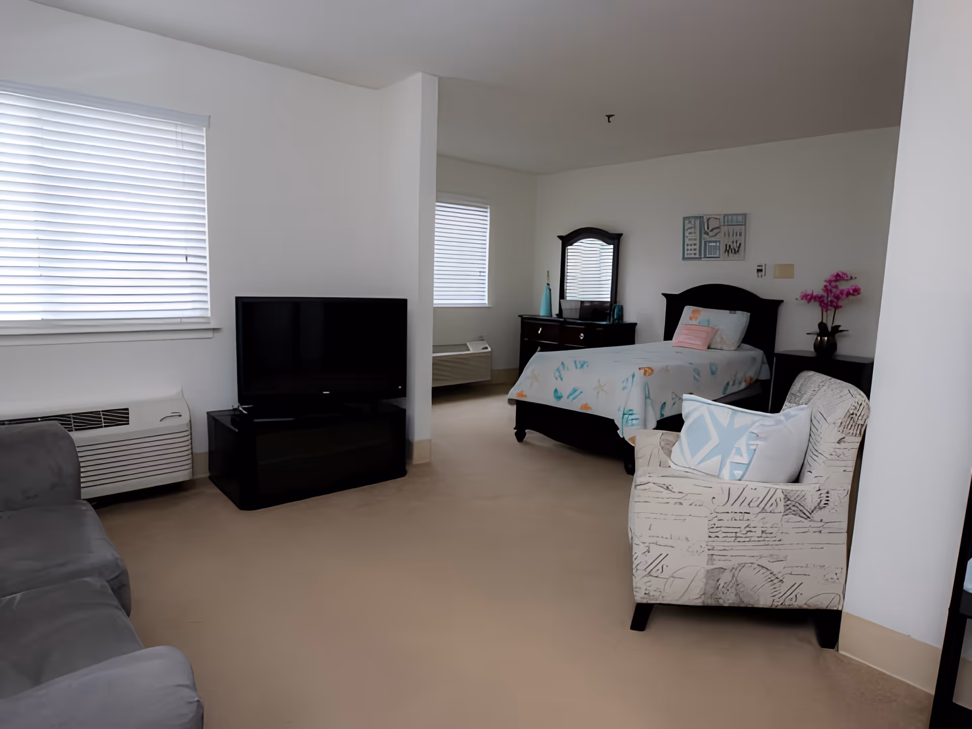 A bright and clean bedroom with beige carpet, a single bed with a light-colored bedspread featuring sea-themed designs, a dark wooden dresser with a mirror, a patterned armchair with a blue and white pillow, a flat-screen TV on a black stand, and two windows with white blinds.
