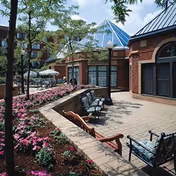 Sunlit brick courtyard with chairs, flowering beds, trees, and a glass-roofed section of a brick building.