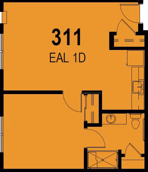 Floor plan drawing labeled "311 EAL 1D" showing a main room with an adjacent bathroom, closet, and small kitchenette area.