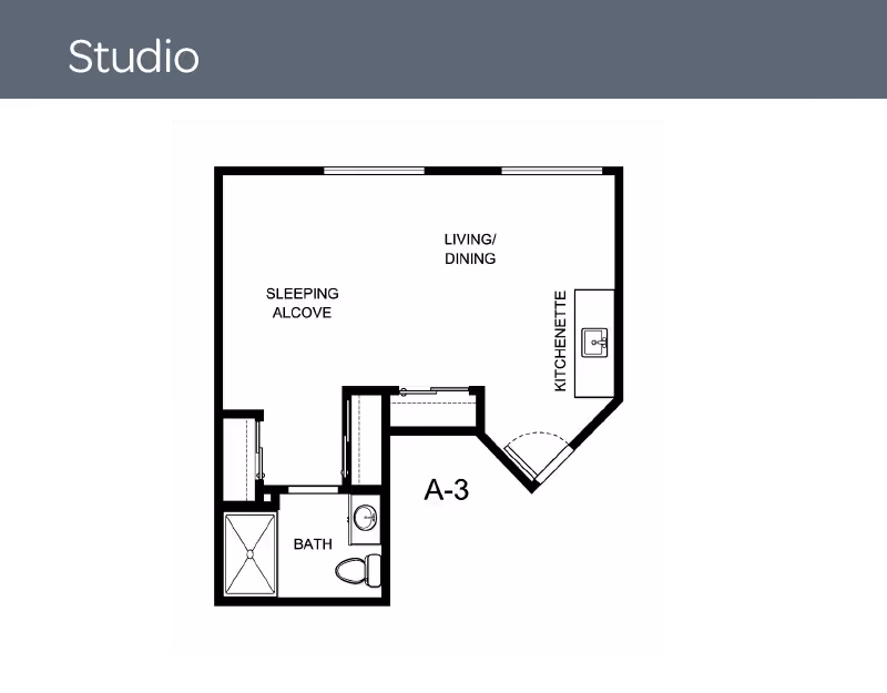 Floor plan of a studio apartment labeled A-3 showing a sleeping alcove, living/dining area, kitchenette, and a bathroom with a shower and toilet.