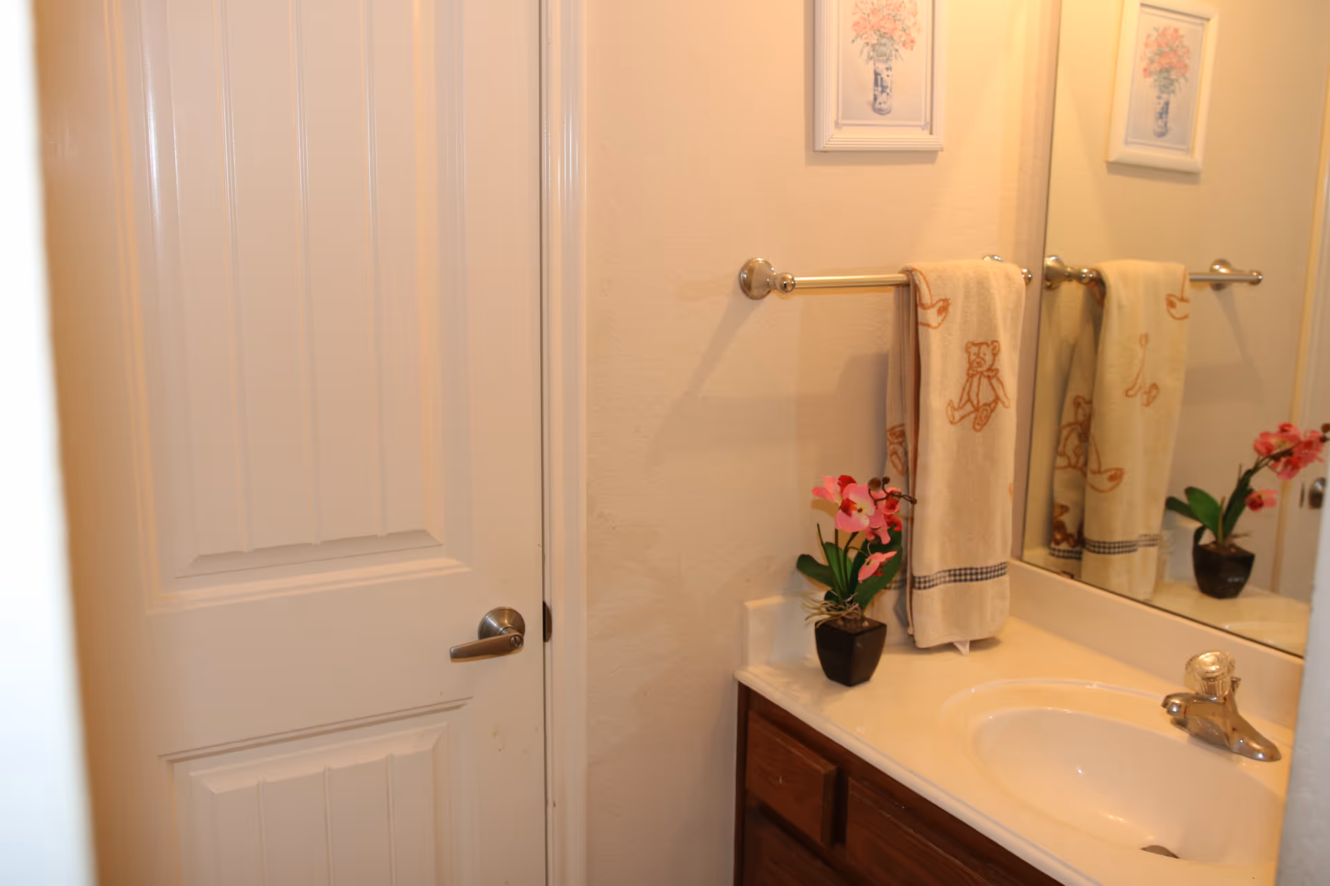 A bathroom interior showing a white door with a silver handle, a countertop with a sink, a small potted plant with pink flowers, a towel rack holding a beige towel with teddy bear designs, and a large mirror reflecting the towel and plant.