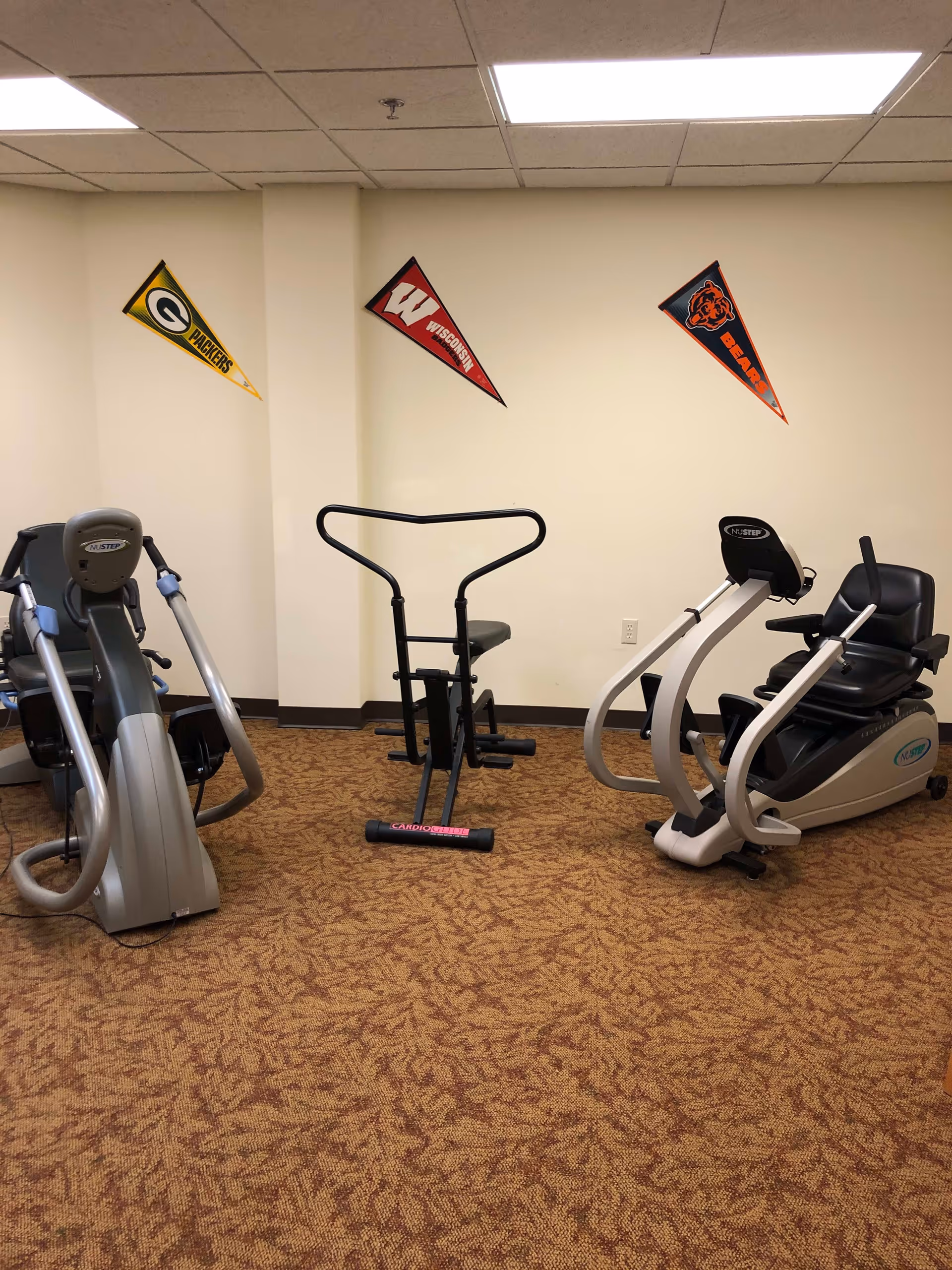 Small exercise room with three cardio machines and sports pennants on the wall.