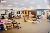 A spacious rehabilitation or physical therapy room with various exercise equipment including parallel bars, therapy tables, chairs, and exercise machines. The room has a beige carpet, white ceiling with fluorescent lights, and walls with windows and doors leading to other areas.