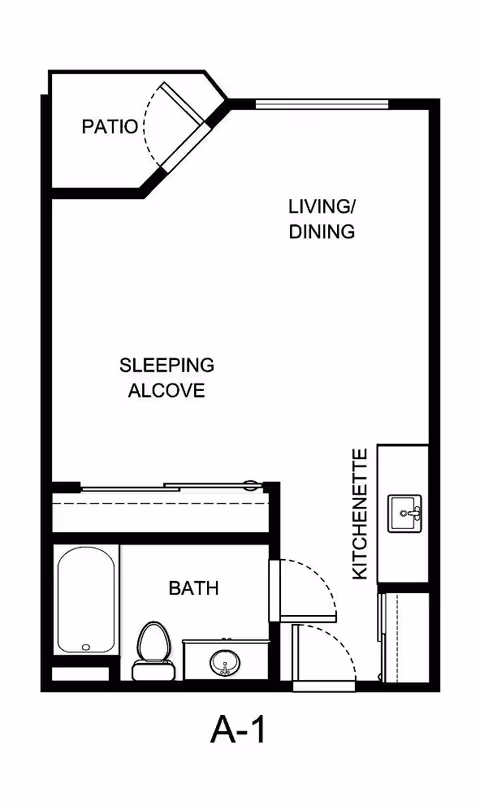 Floor plan labeled A-1 showing a studio layout with a sleeping alcove, living/dining area, kitchenette, bathroom, and a patio.